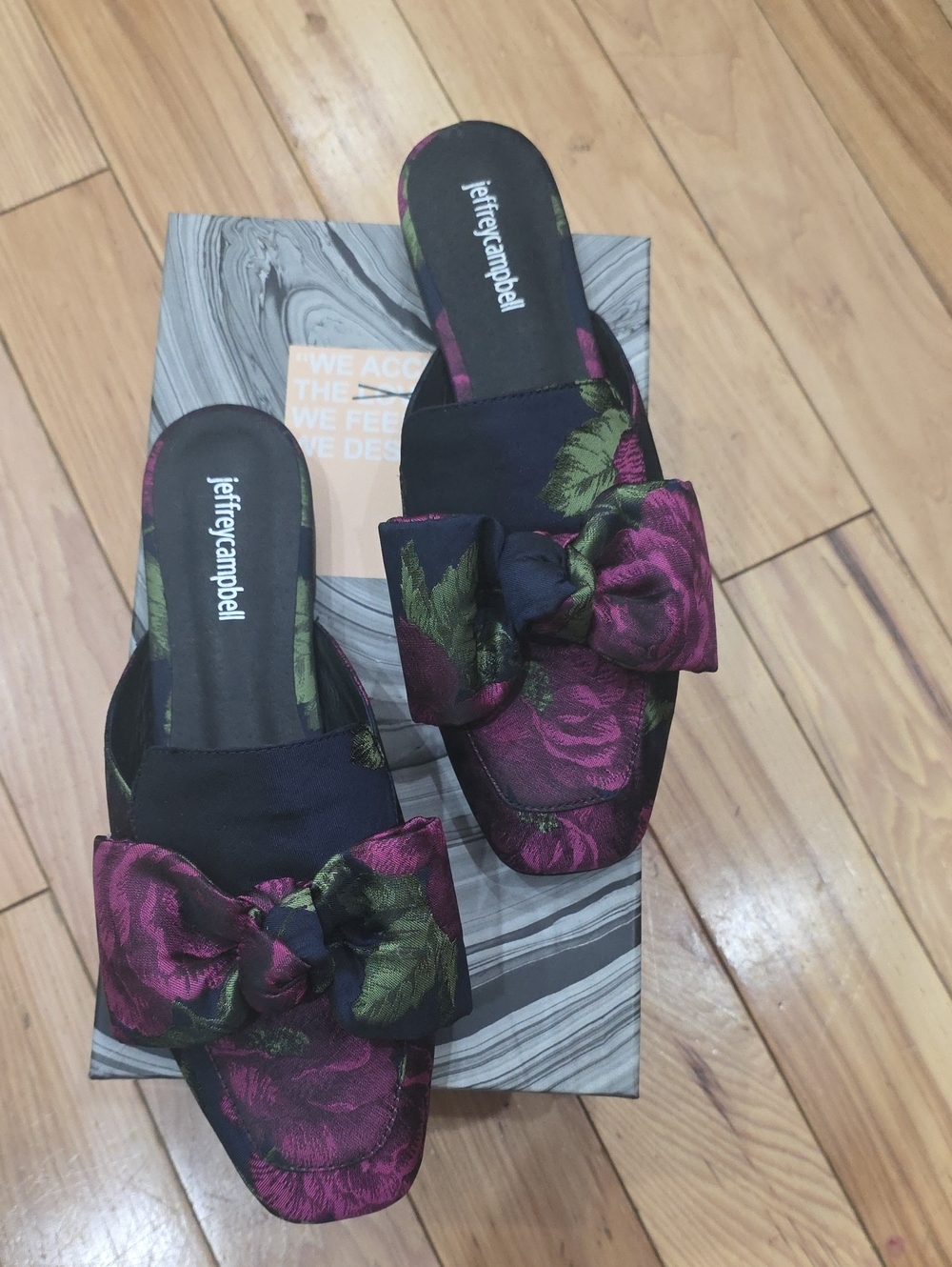Jeffrey Campbell Black Slide Mules with Magenta Floral Bow